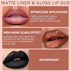 Lip Liner & Gloss Lipstick Combo - 2 in 1 Dual-Ended Lip Combo Set, Nude Brown Velvet Matte Lip Liner & Buildable