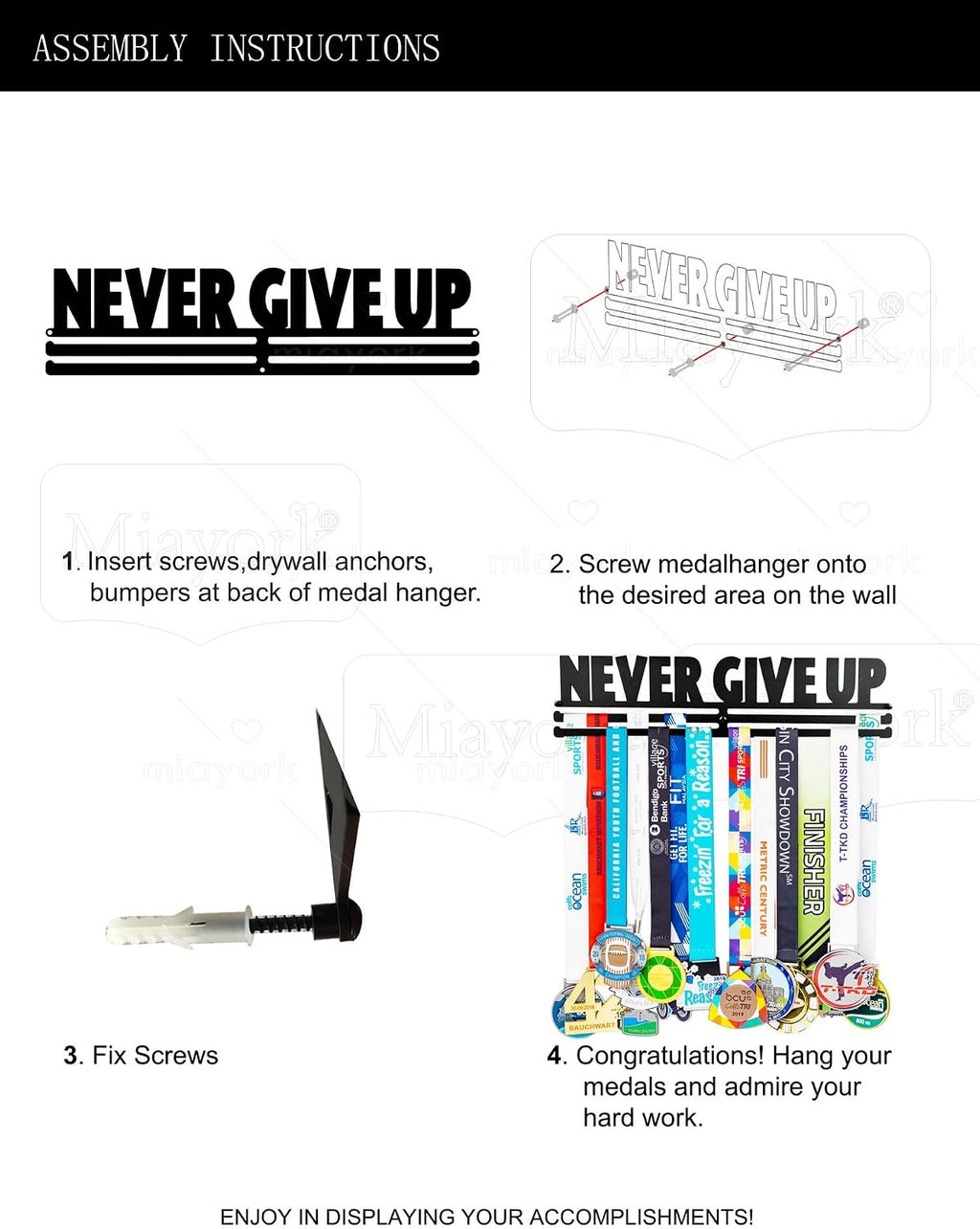 Medal Holder Display Hanger Rack Frame for Over 40 Medals-Sports Medal Hanger and Ribbon Display Holder Rack with