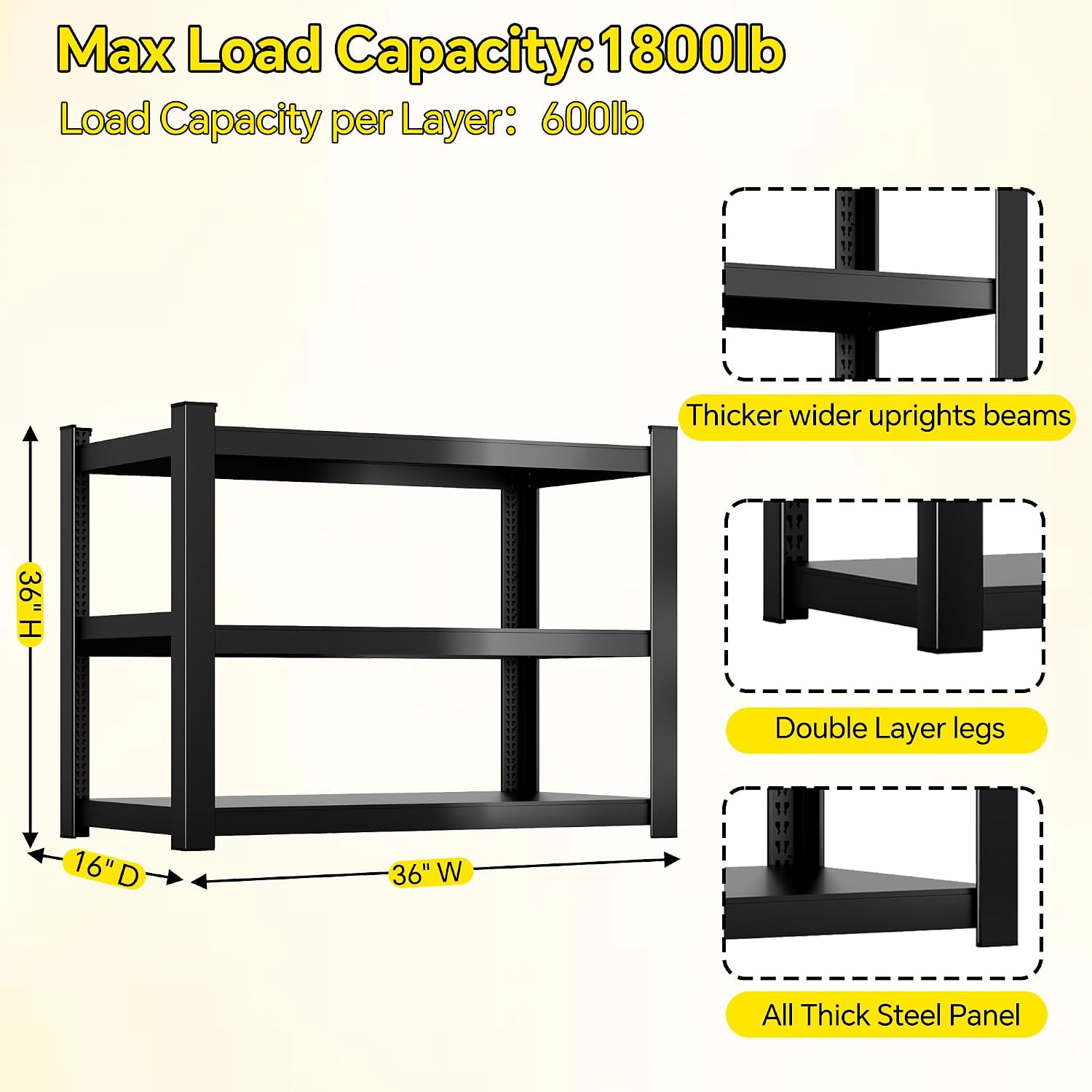 Metal Storage Shelves, 3-Tier Garage Shelving Unit, Heavy Duty Adjustable Metal Shelving for Garage, Basement