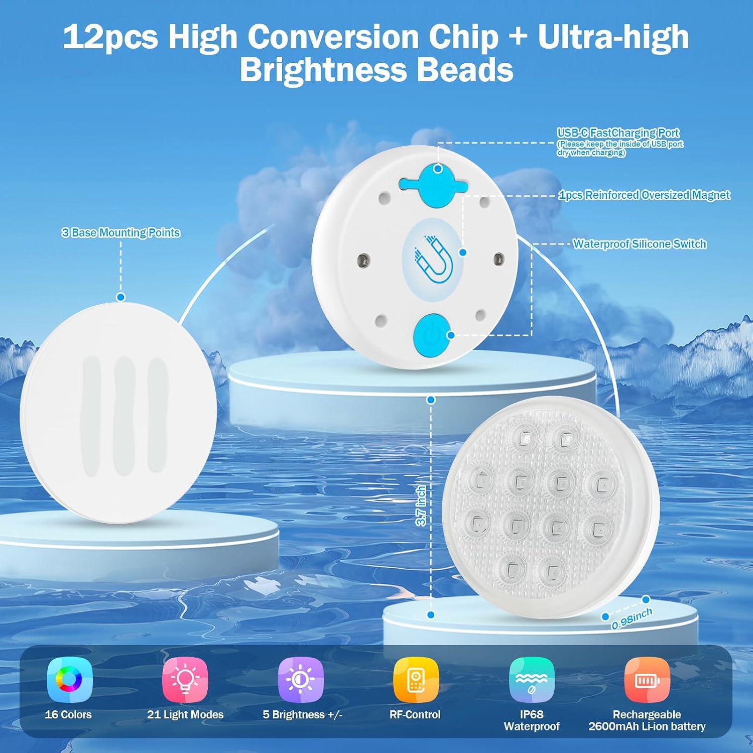 Pool Lights 4 Pack, for Above Ground Pools, Inground Pool | Rechargeable Submersible Pool Lights with Remote, IP68