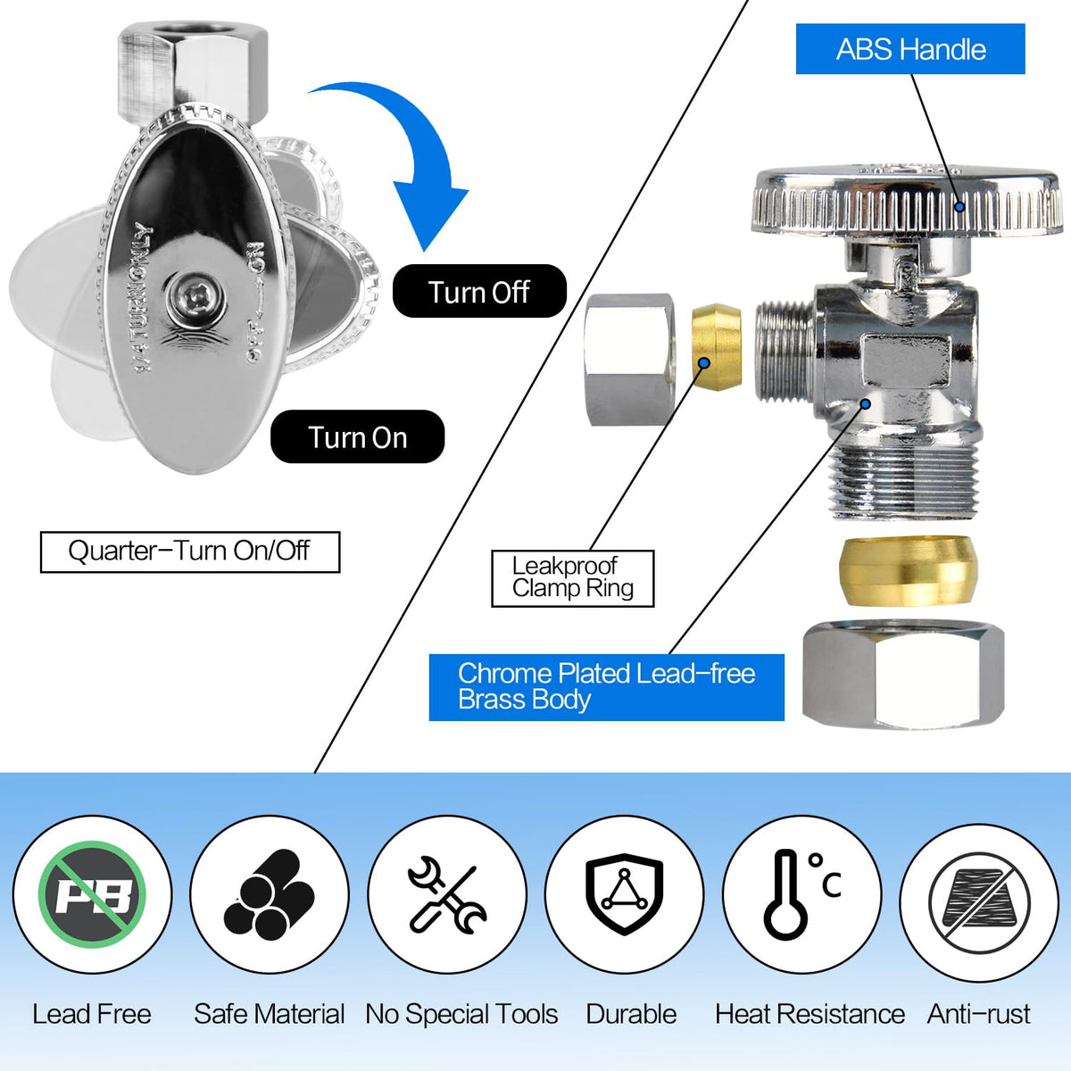 Angle Stop Valve, 1/2" Nominal (5/8" OD Comp.) Angle × 3/8" OD Compression