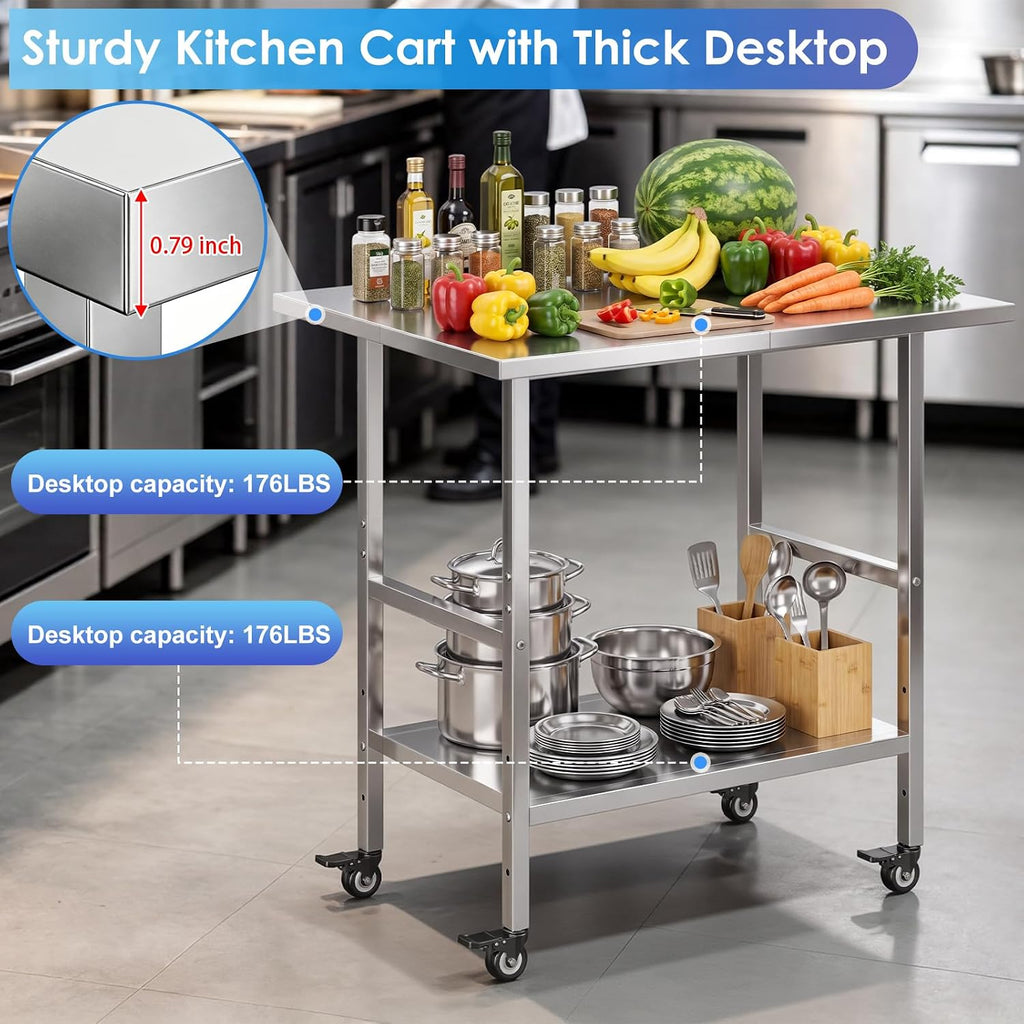 NSF Stainless Steel Prep Table with Wheels, Commercial Worktable with 4 Casters & Brakes & Adjustable Undershelf