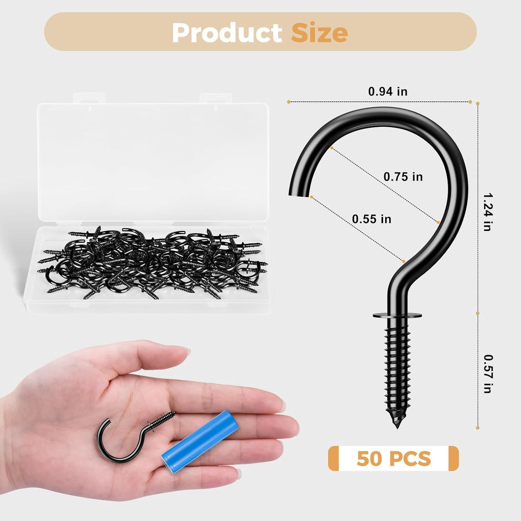 Screw Hooks, 1-1/4 Inch Metal Screw in Cup Hooks, Black, 50 Pcs