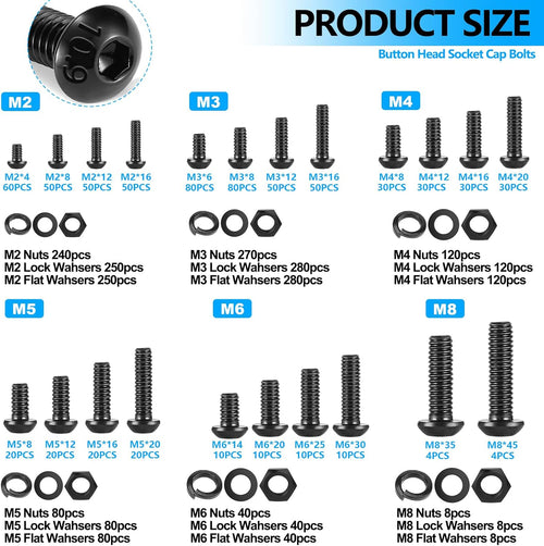 /3038PCS Metric Screw Assortment M2 M3 M4 M5 M6 M8 Machine Screws(4mm-45mm long) Grade 10.9 Button Head Hex Socket
