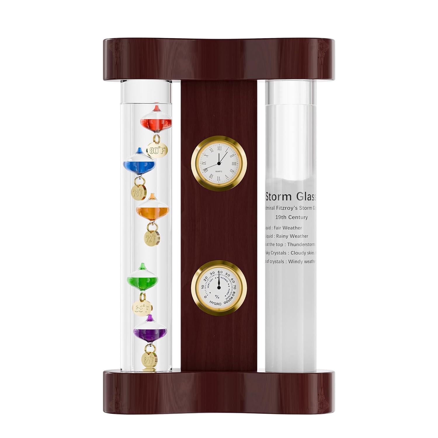 Analog Weather Station with Glass Galileo Thermometer Fitzroy Storm | Precision Quartz Clock and Analog Hygrometer