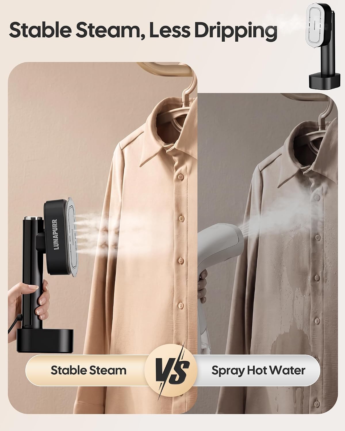 Travel Steamer for Clothes, 2-in-1 Handheld Garment Steamer & Iron, Black | 15s Fast Heat-Up, 1200W, No-Leak Portable