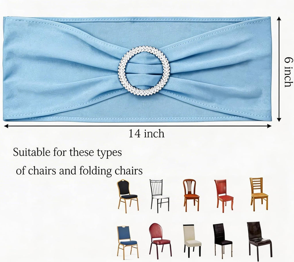 Pack of 50 Stretch Baby Blue Chair Sashes for Wedding, Elastic Chair Bands with Buckle Slider, Spandex Chairs Bows