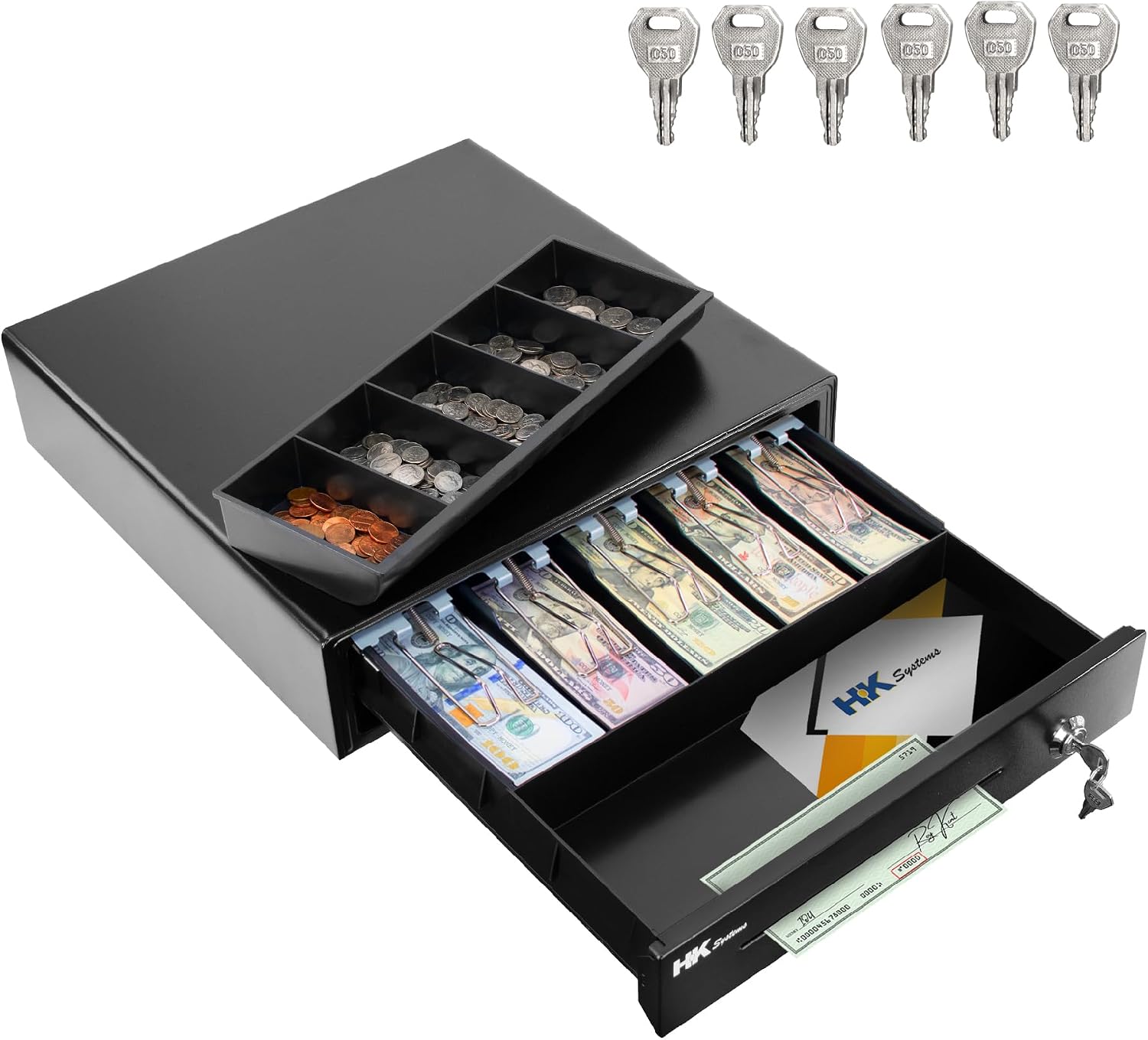 16" Heavy Duty Black POS Cash Drawer with 5Bill/5Coin, Removable Coin Compartment ONLY, 24V, RJ11, Single Large Front