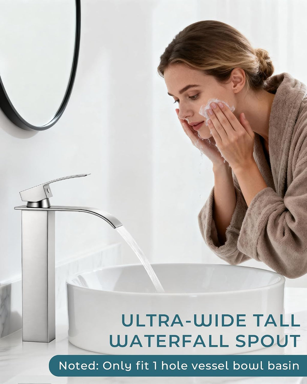 Brushed Nickel Bathroom Faucet 1 Hole Waterfall Vessel Sink Faucet