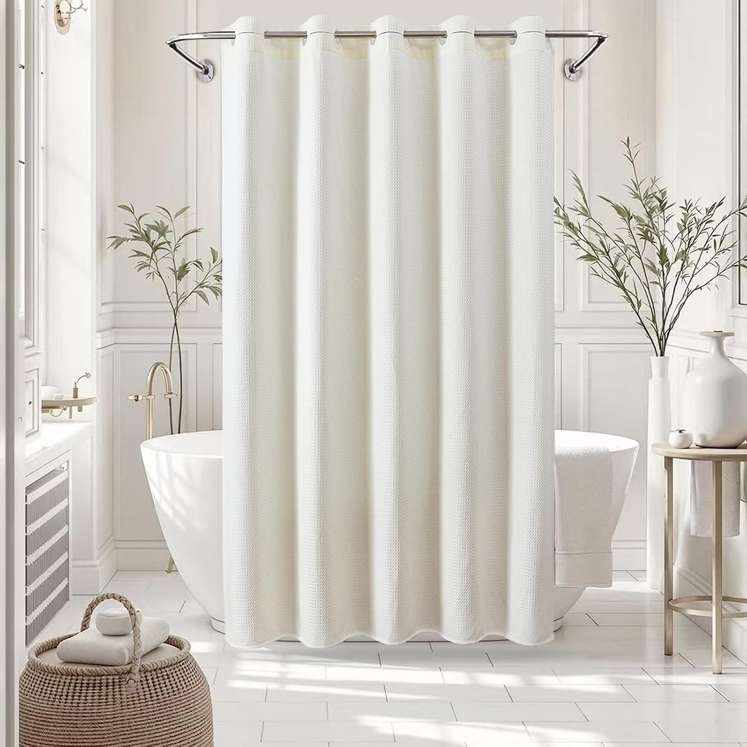 Waterproof No Hooks Waffle Shower Curtain, 260GSM Heavy Duty Fabric, with 10 Durable Split Grommets, Luxury Hotel Spa