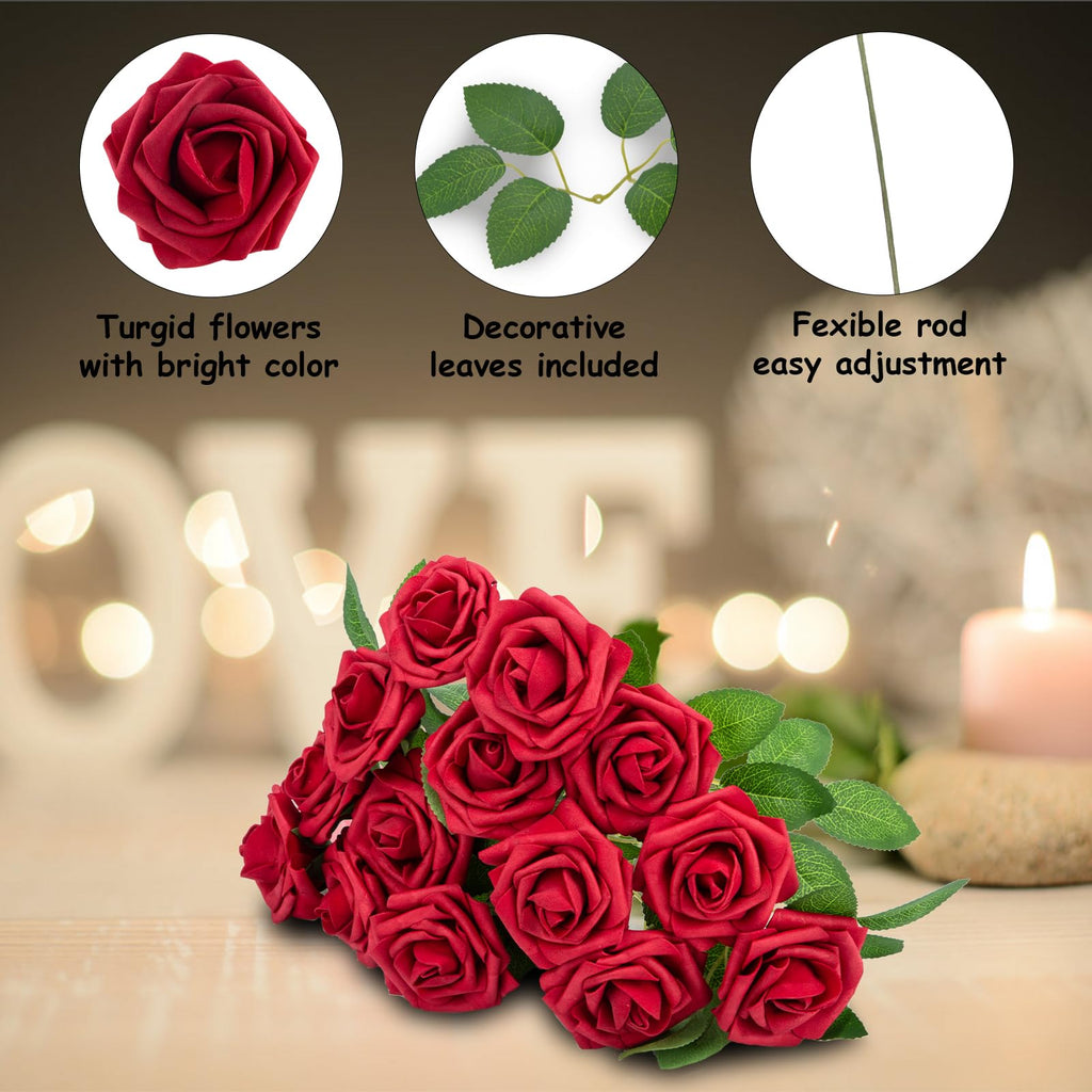 100Pcs Artificial Flowers Dark Red Rose Real Looking Fake Roses