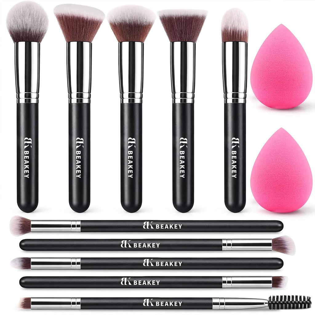 Makeup Brushes Set, Professional Foundation Eyeshadow Concealer Blush Powder Bronzer Applicator, 2 Blender Sponge