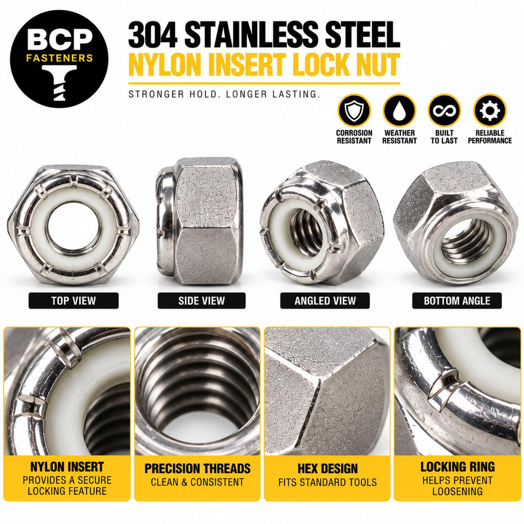BCP Fasteners #10-32 Stainless Steel Nylon Insert Hex Lock Nuts, 50 Pack