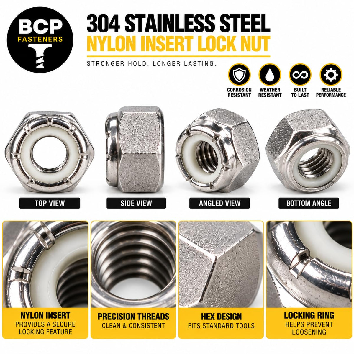BCP Fasteners #10-32 Stainless Steel Nylon Insert Hex Lock Nuts, 50 Pack