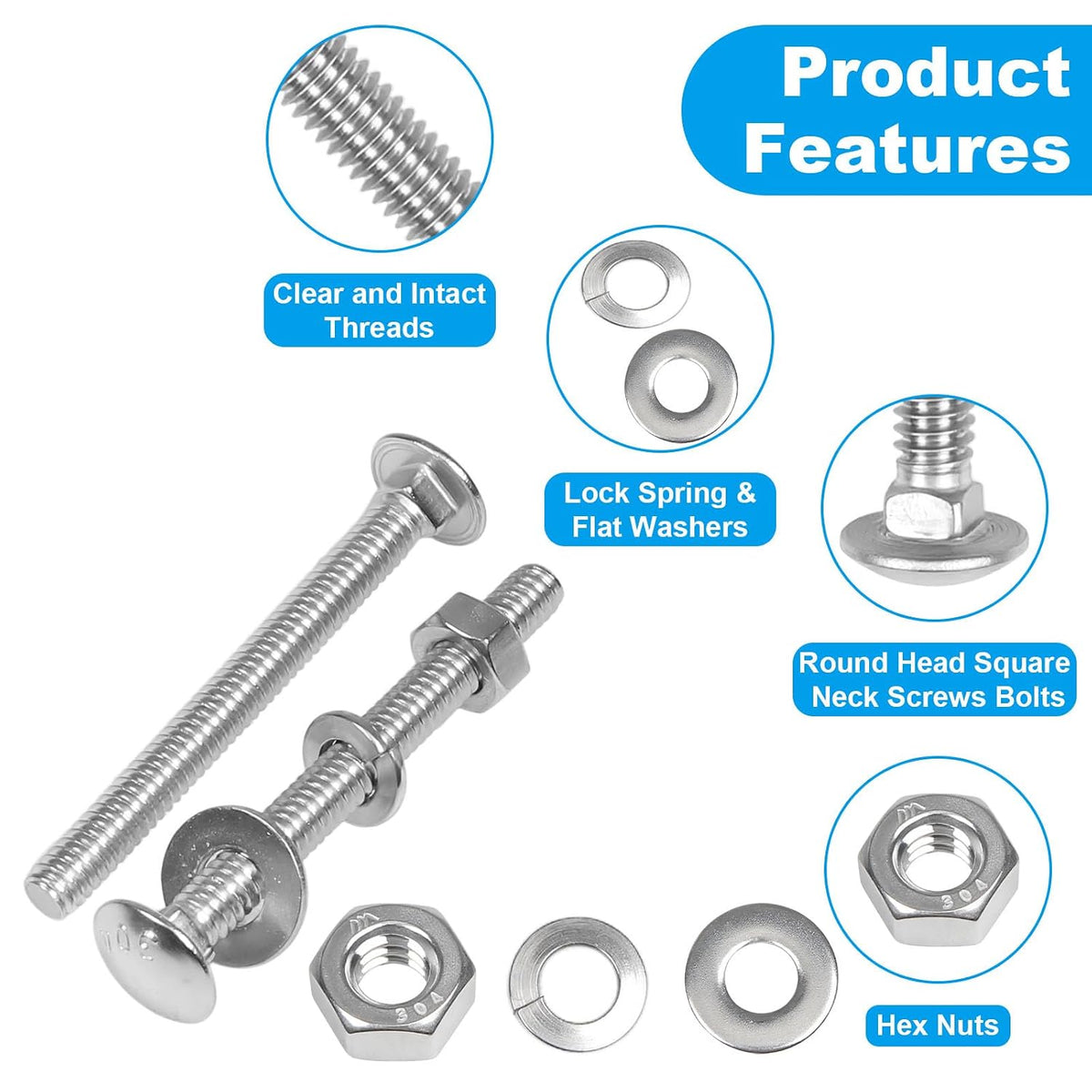 16 Sets 1/4-20 x 2-1/2" Carriage Bolts Screws, 304 Stainless Steel