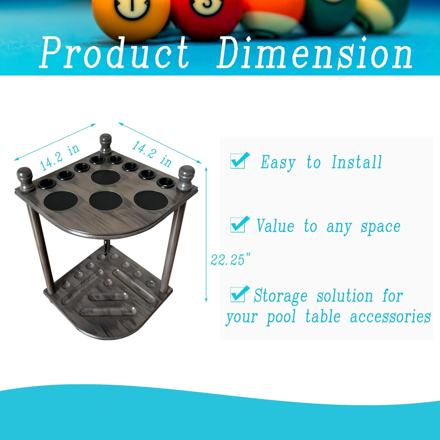 Pool Cue Rack Hold up to 8 Sticks & Billiard Accessories. Floor Stand Pool Cue Stick Holder Made of 100% Solid