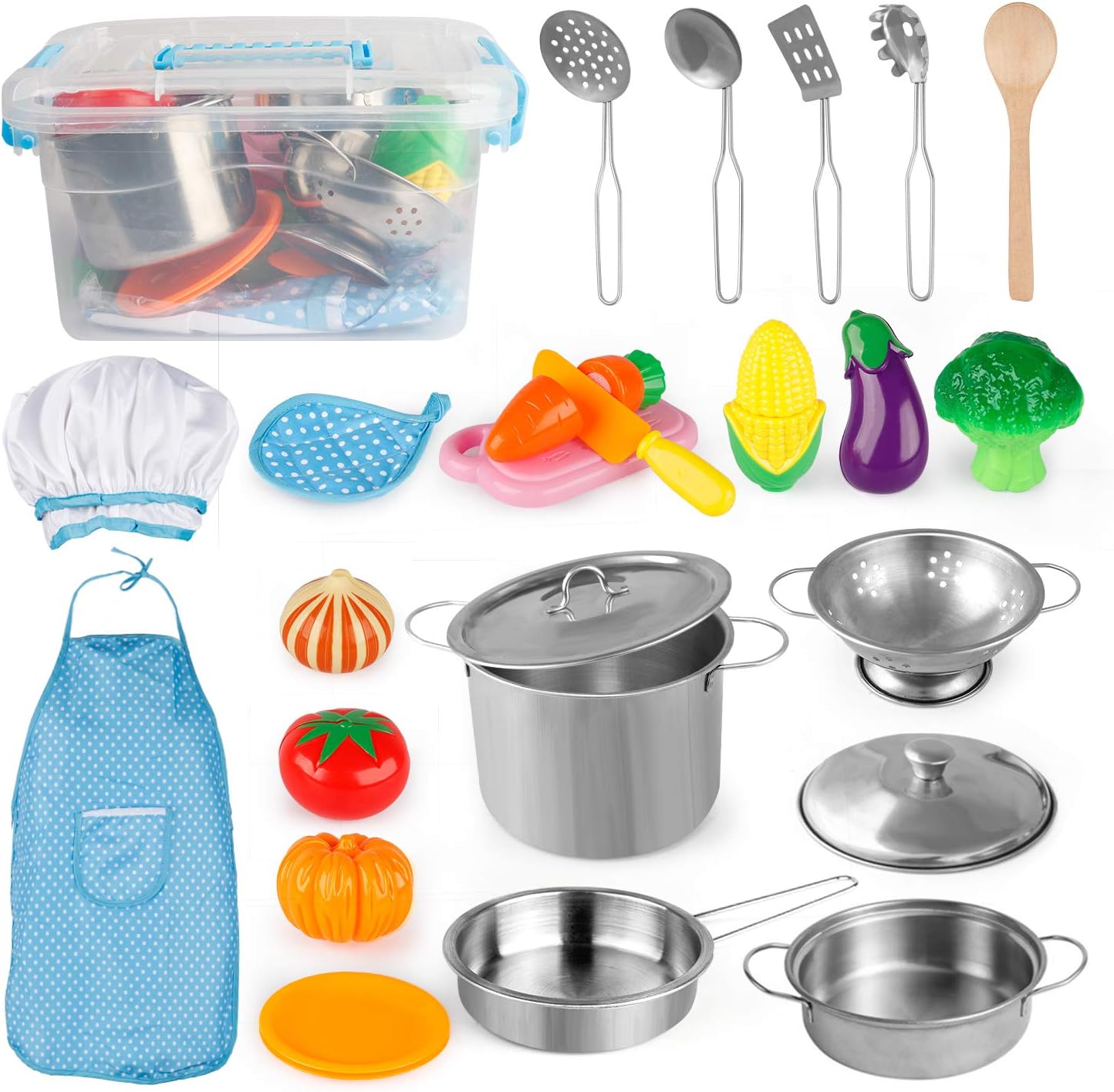 Play Kitchen Accessories, Kids Play Pots and Pans Playset with Mini Stainless Steel Pretend Play Cooking Toys