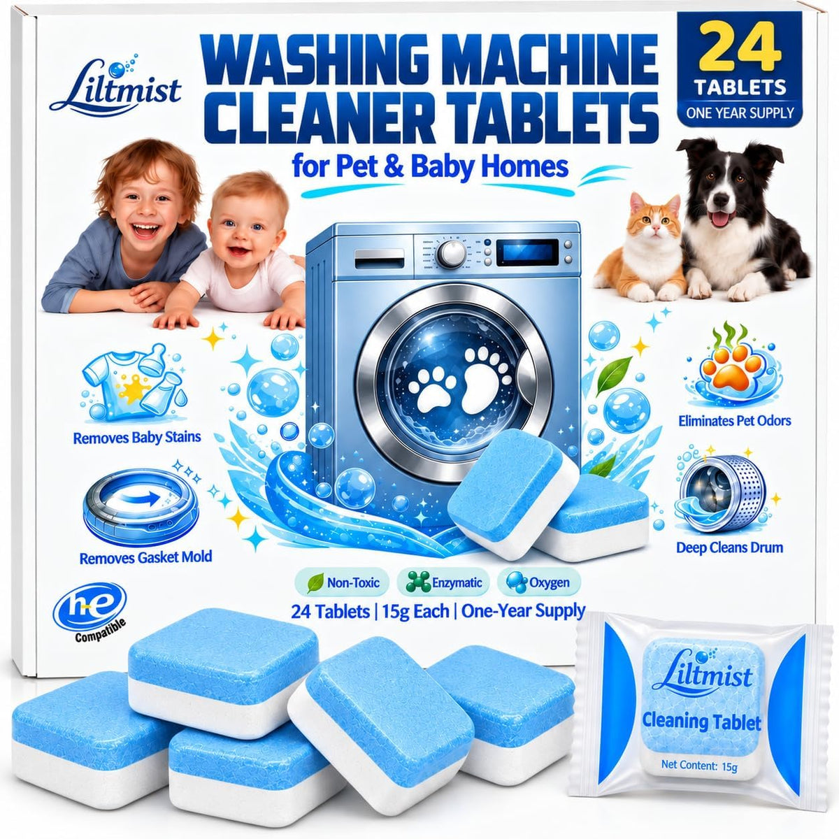 Enzyme Washing Machine Cleaner Tablets, Large 15g Each, More Power