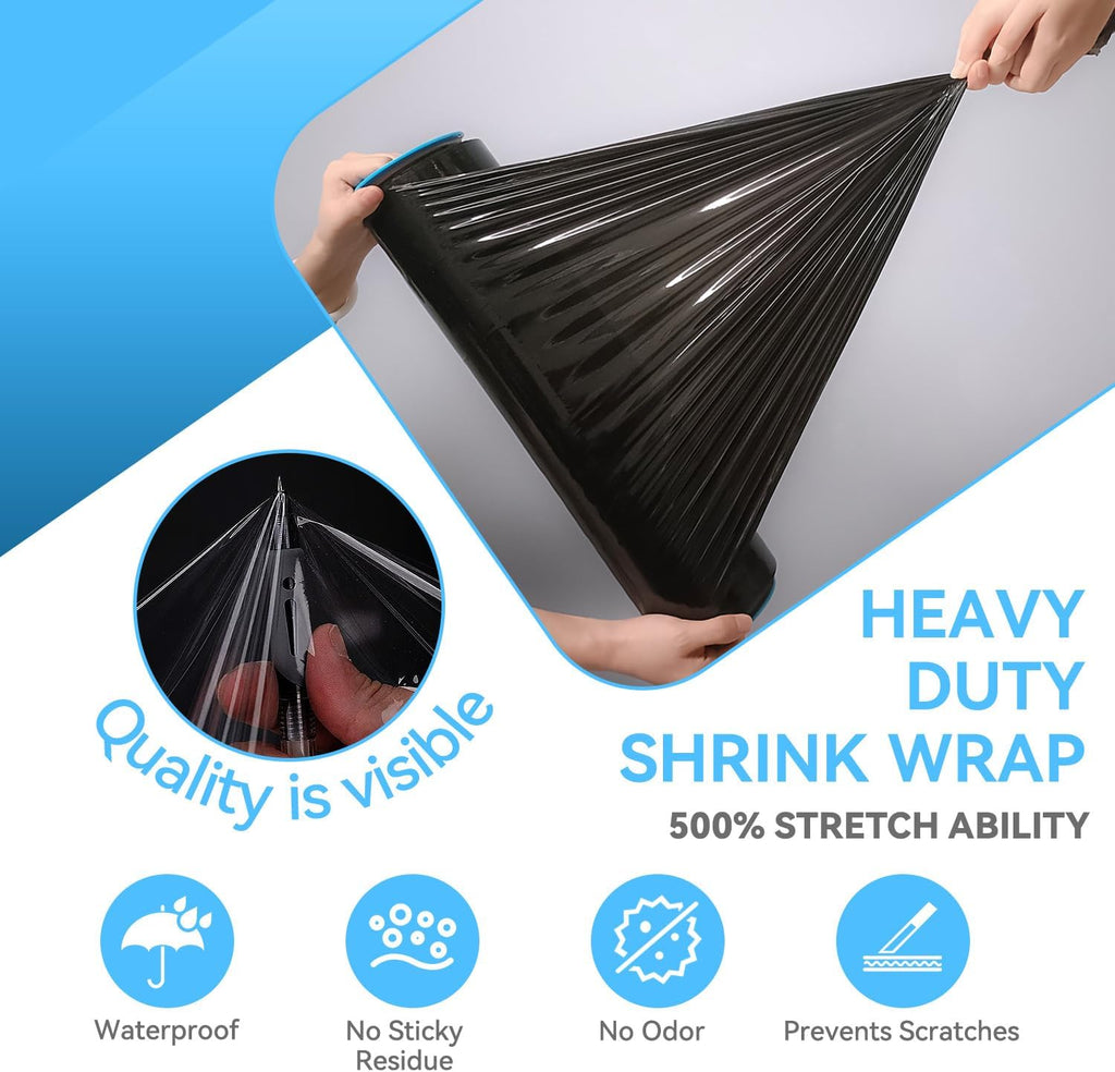 18" Black Plastic Shrink Wrap Roll for Moving, Furniture Wrapping, 1500 Feet, 80 Gauge, 500% Stretch, Industrial