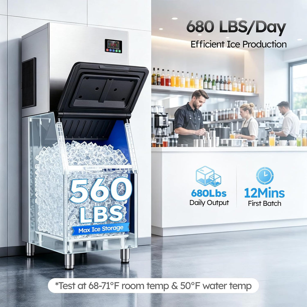 Commercial Ice Maker Machine, 680LBS/24H with 560LBS Storage Bin