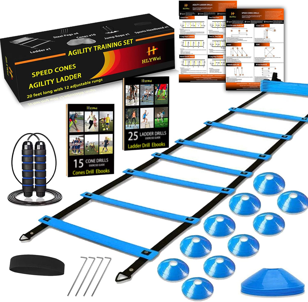 Speed Agility Training Set, Includes 1 Agility Ladder, 4 Steel Stakes, 1 Sports Headband,1 Jump Rope, 10 Disc Cones