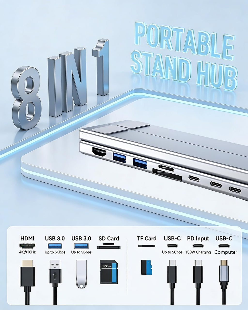 USB C Laptop Stand with Docking Station,8 in 1 Hub Laptop Stand Foldable Computer Riser with 4K HDMIPD 100W Dual Data