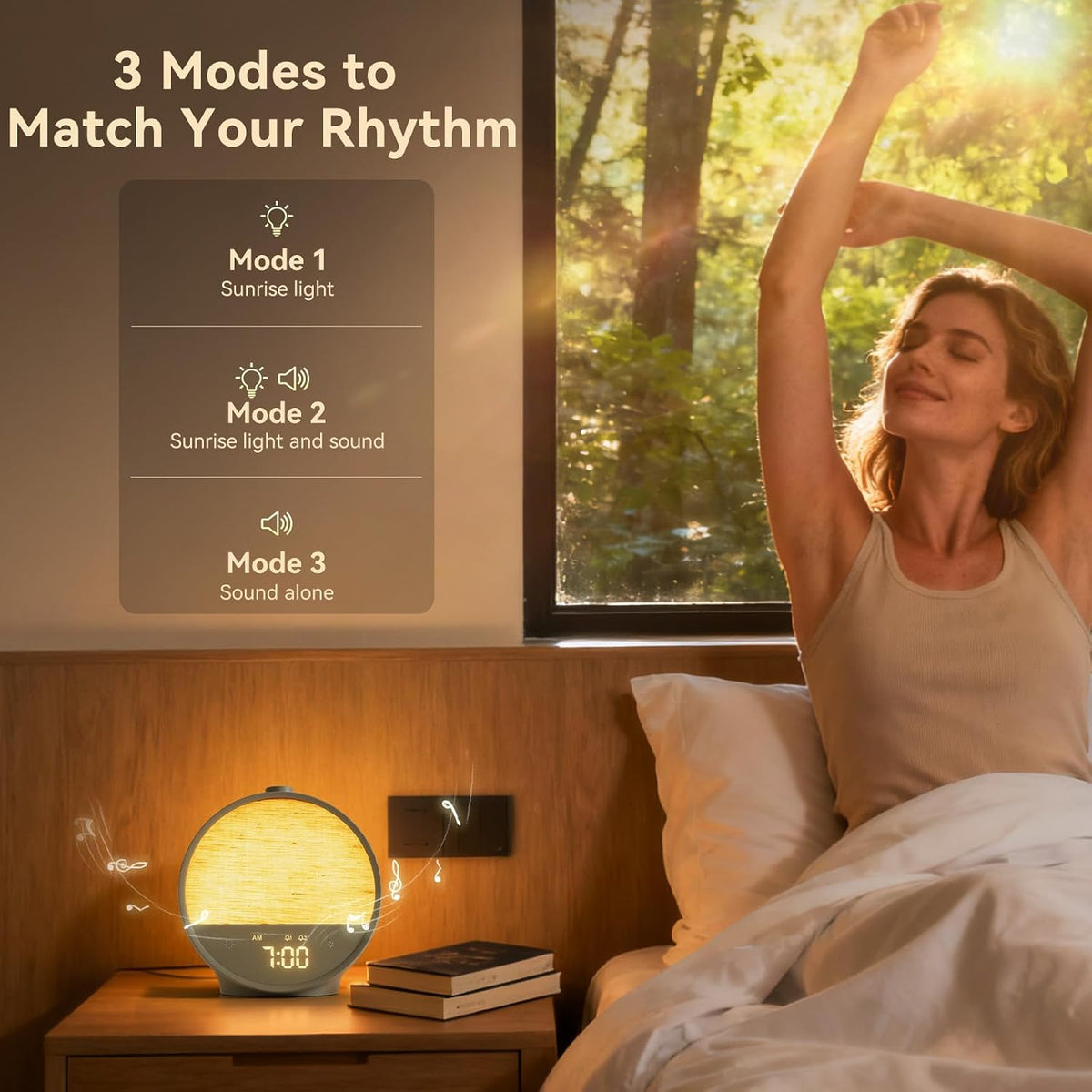 Sunrise Alarm Clock for Bedroom, White Noise Sound Machine | 15mins Sunrise Simulation, 10 Natural Sounds, Dual
