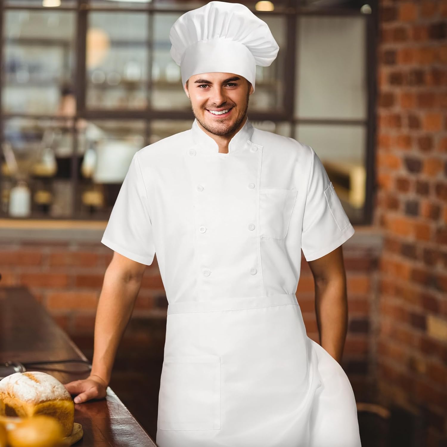 Halloween 3 Pcs Chef Unisex Costume Tall Hat Coat Bistro Apron Set Chef Jacket Coat Apron for Man(Short