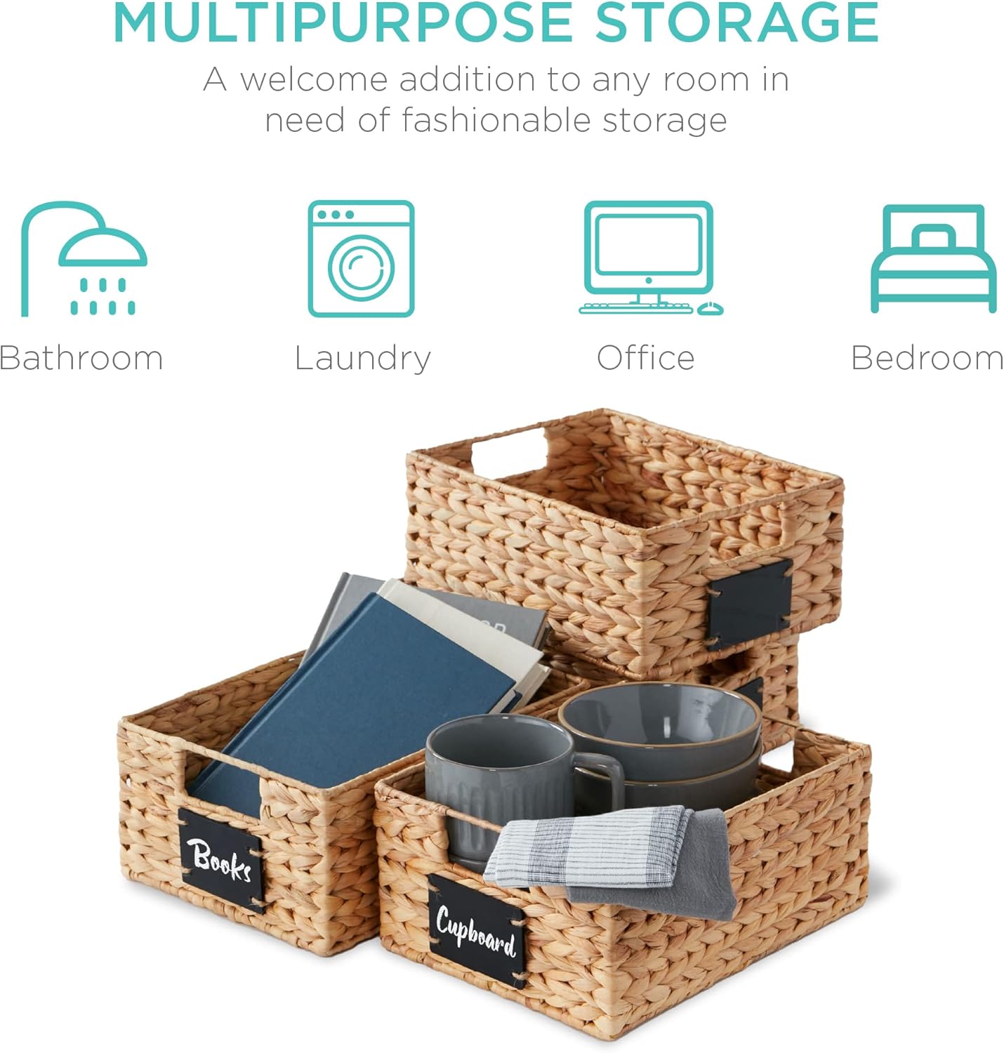 Set of 4 9x12in Water Hyacinth Pantry Baskets, Woven Organizers w/Chalkboard Label, Chalk Marker - Natural