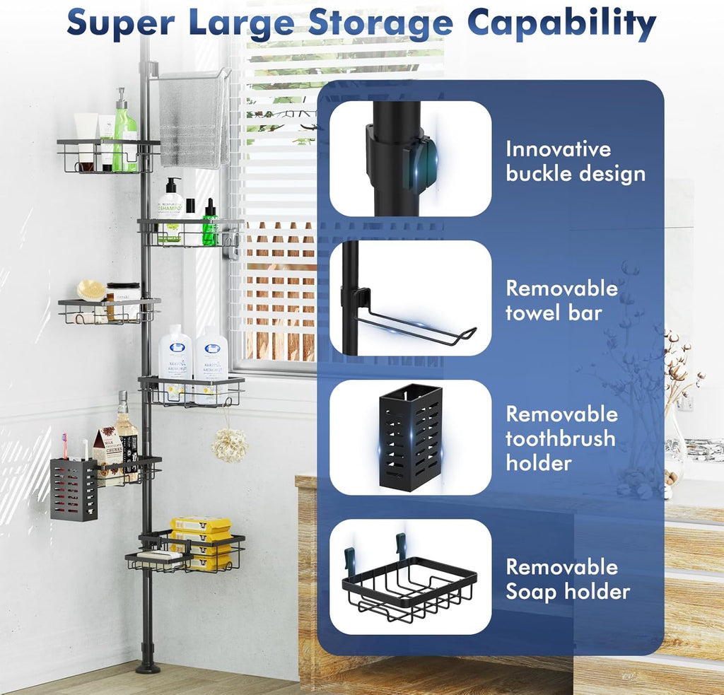 Shower Caddy Organizer Tension Pole, Corner Shower Shelves Bathroom Storage | 6 Tier Shelf, Rustproof 30-120’’