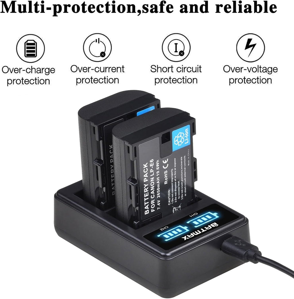 2Pcs 2650mAh LP-E6 LP-E6N Battery + LED Dual Charger for Canon EOS R, R5, R6, Ra, XC10, XC15, 5D Mark II/III/IV, 5DS