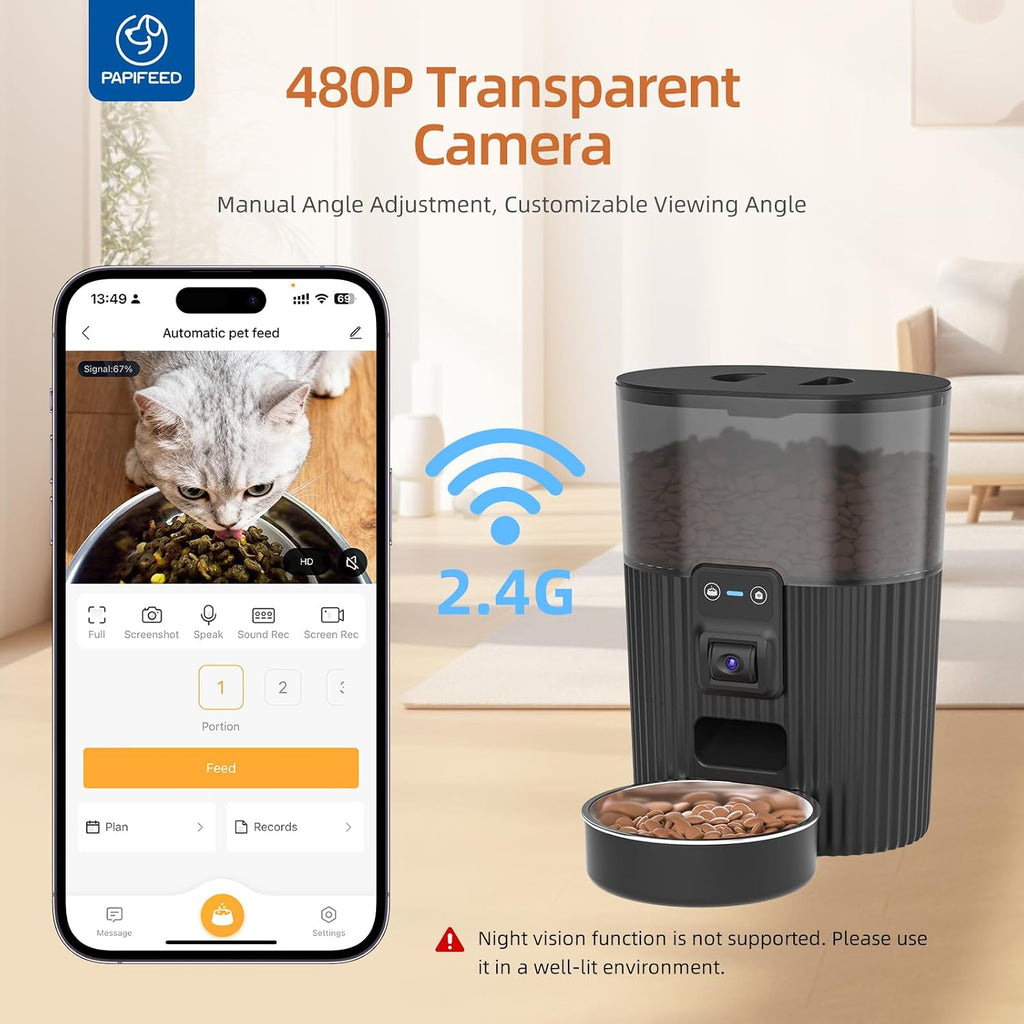 Automatic Cat Feeder with Camera, WiFi Auto Cat Feeder with App, 3L Slow-Feed Cat Food Dispenser for Dry Food, Dual