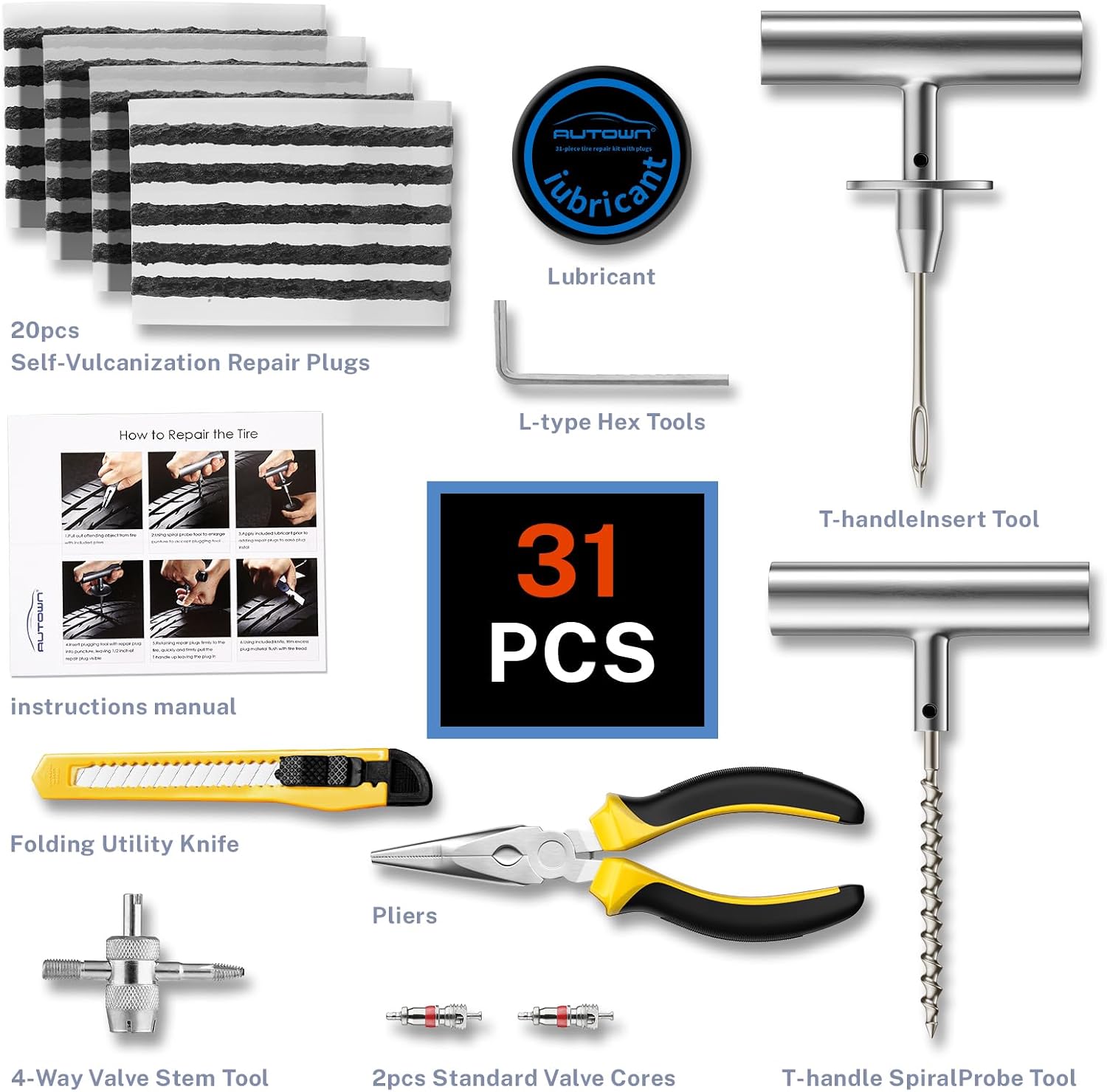 Flat Tire Repair Kit with Plugs 31pcs, Professional Tire Plug Kit | Universal Emergency Tools for Car, Motorcycle