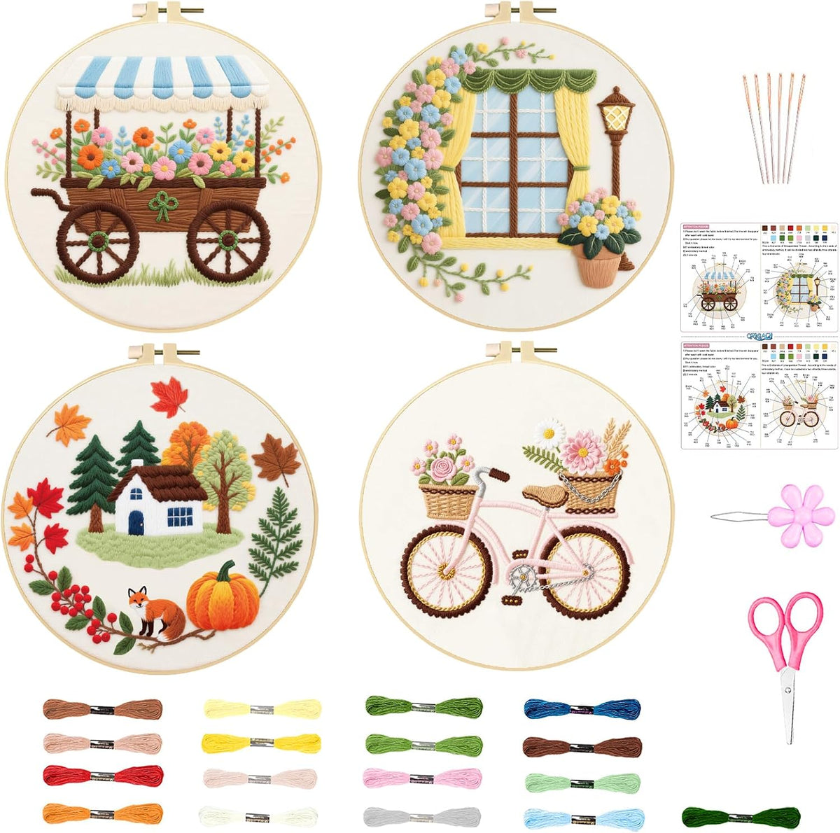 4 Pack Daily Life Embroidery Kits House Cart Bicycle Window Embroidery Sampler Kit Include Adjustable Hoops and