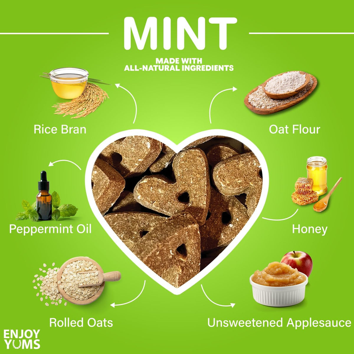 Mint Horse Treats – 1 lb Bag – All-Natural, Low Sugar, Heart-Shaped Baked Biscuits – Peppermint & Honey Flavor –