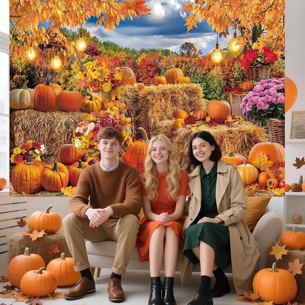 Autumn Harvest Banner Backdrop 7x5FT Fall Farm Pumpkin Hay Bale Photography Background Thanksgiving Maple Leaves