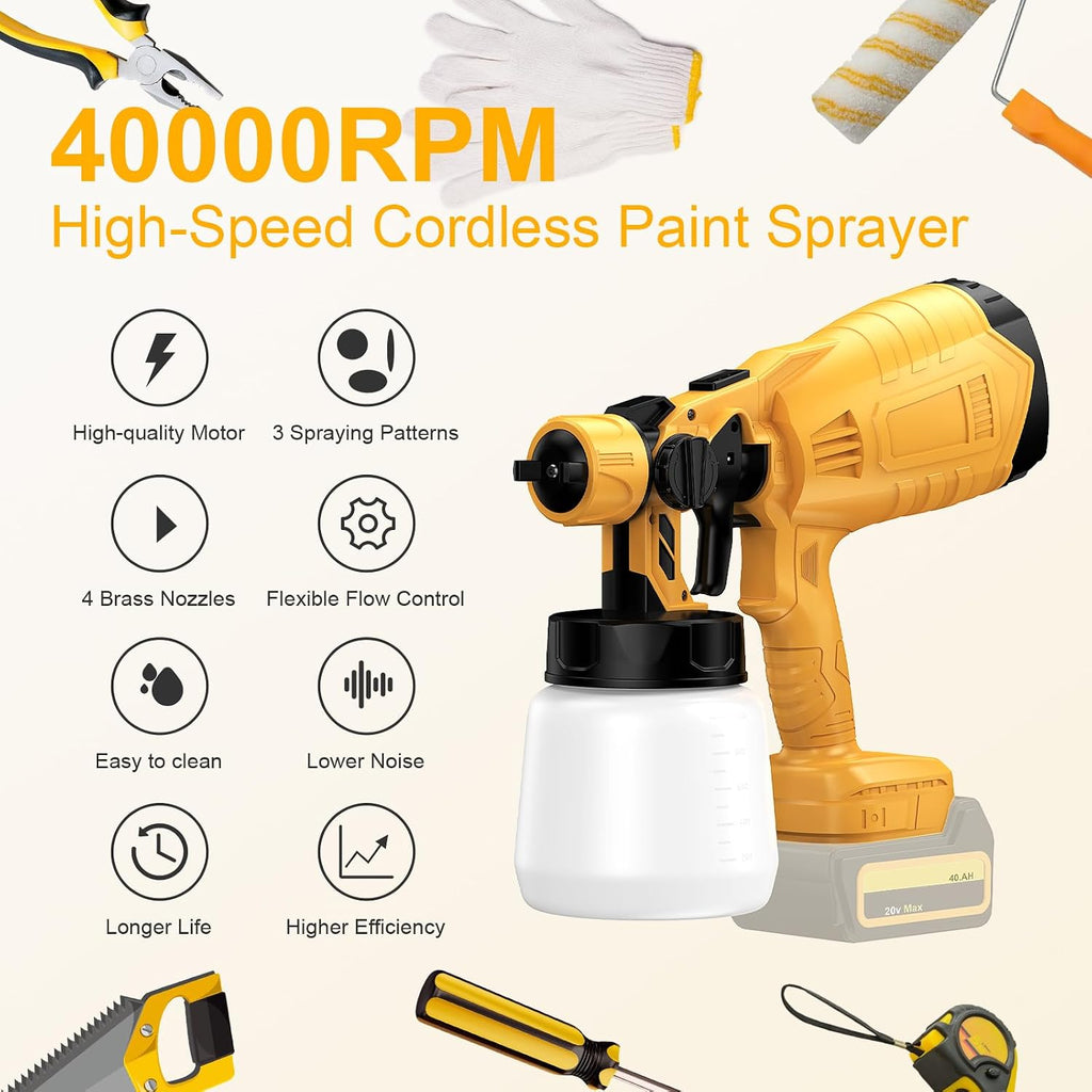 Cordless Paint Sprayer for Dewalt 20V MAX Battery, 40000RPM Spray Paint Gun with 4 Copper Nozzle, Sprayer Paint Gun