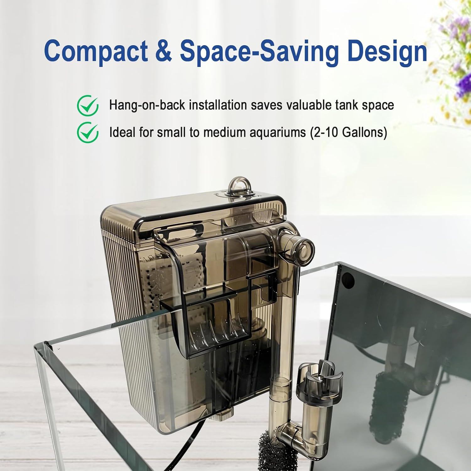 Compact Hang-On Back Aquarium Filter 53 GPH for Up to 10 Gallons Fish Tank USB Powered HOB Filter with Surface