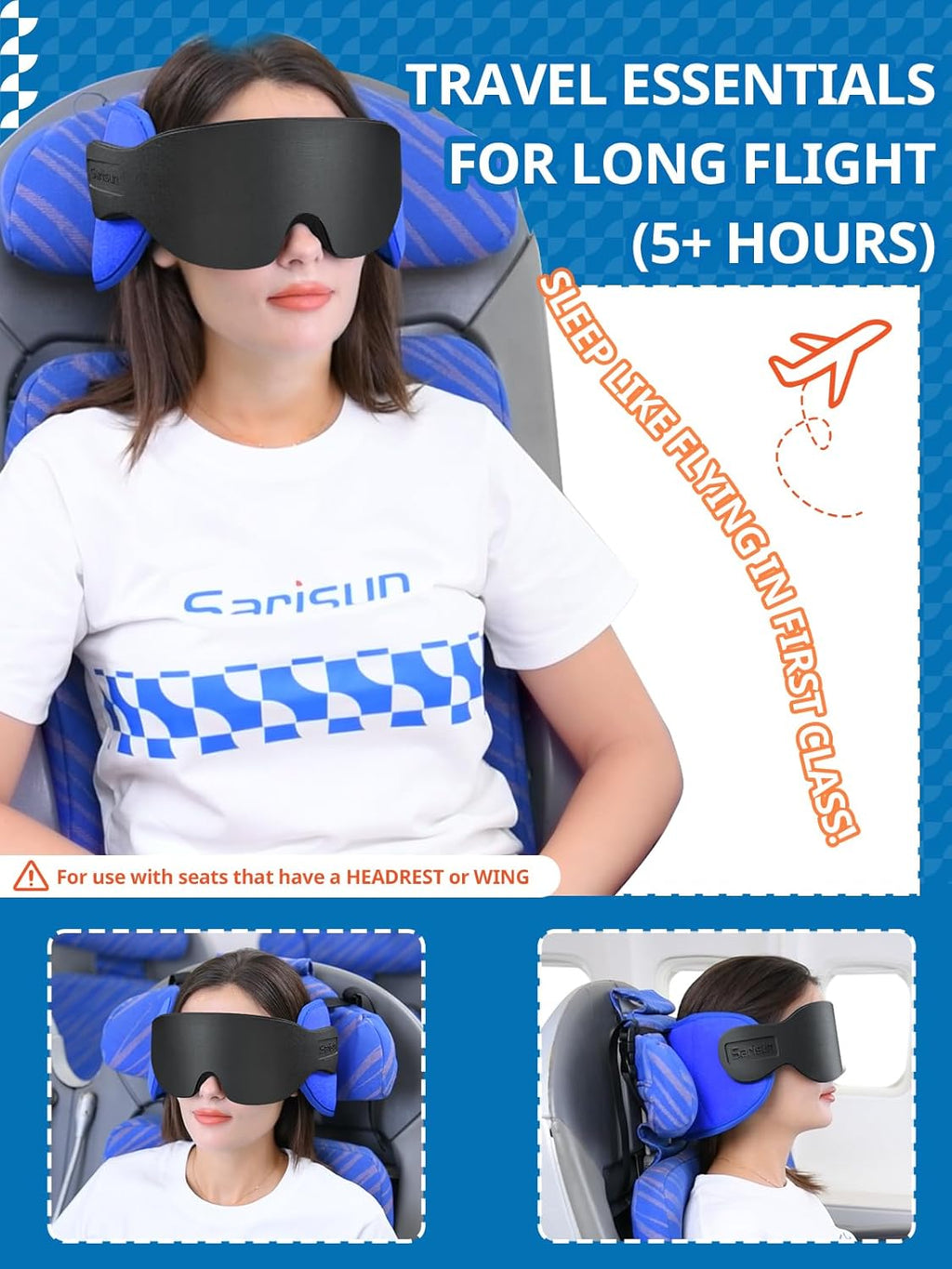 Travel Pillows for Airplanes, 360° Stable Support Airplane Pillow with 3D Eye Mask, Headrest Pillow for Long Flight