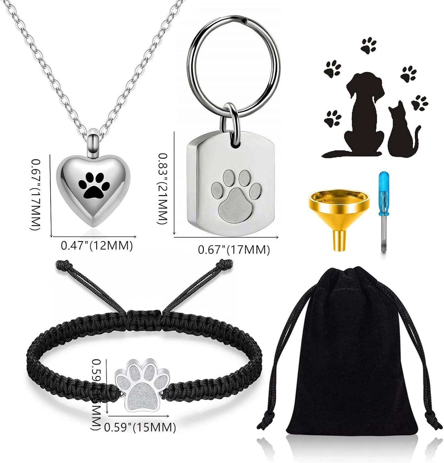 3 Pcs Pet Cremation Jewelry Urn Necklaces Bracelet Keychain for Ashes for Women Men Cat Dog Paw Print Ashes Keepsake