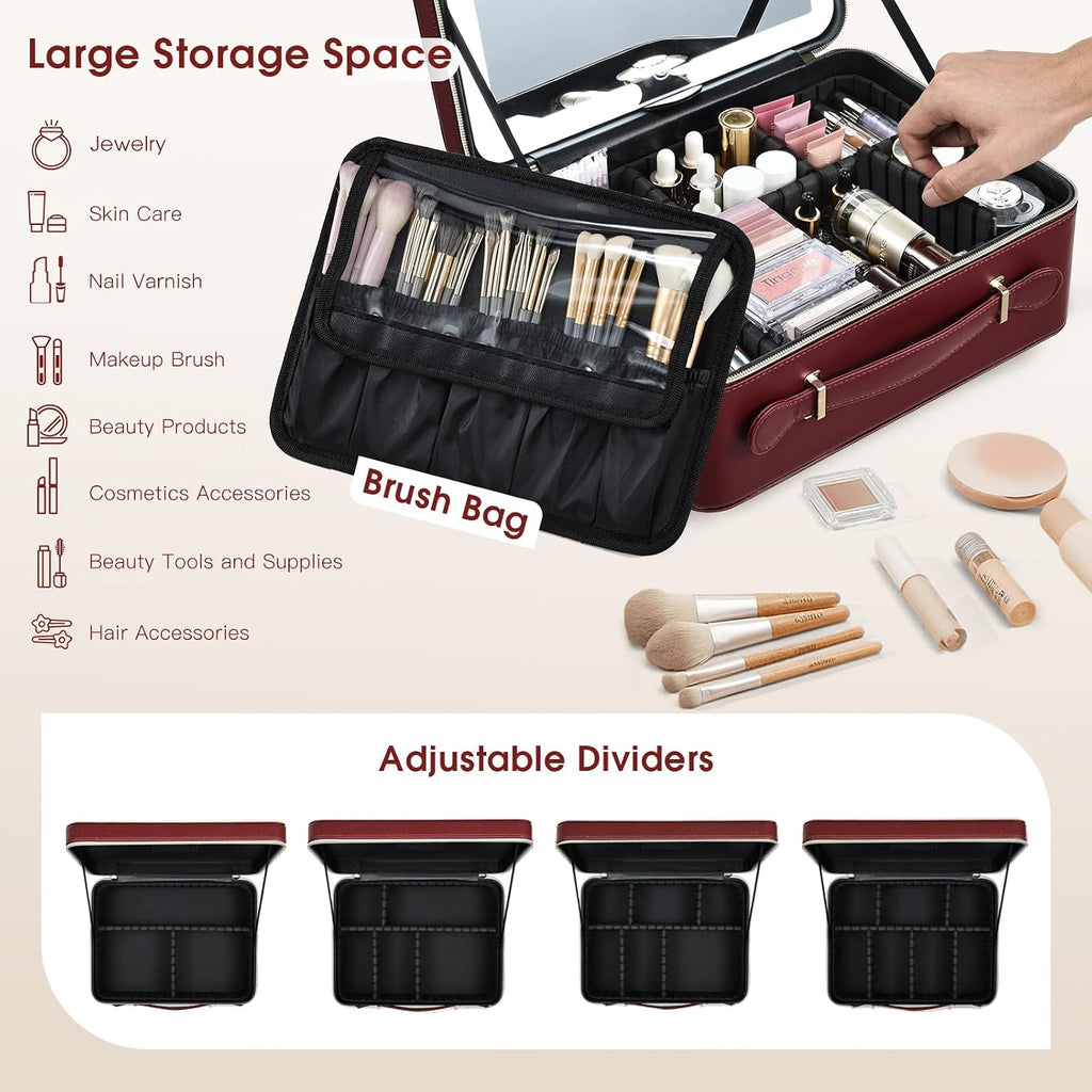Leather Makeup Case with LED Lighted Mirror 11.4 Inch Travel Makeup Bag Adjustable Brightness in 3 Colors Cosmetic