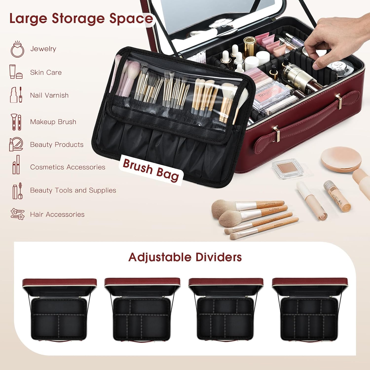 Leather Makeup Case with LED Lighted Mirror 11.4 Inch Travel Makeup Bag Adjustable Brightness in 3 Colors Cosmetic