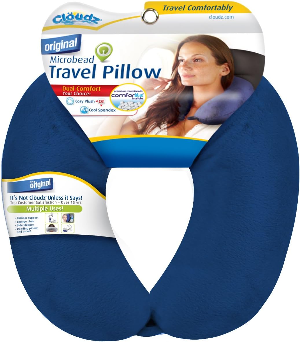 Dual Comfort Microbead Airplane Travel Neck Pillow. Super Soft Cozy Plush Fabric on One Side, Cool Relaxing Spandex