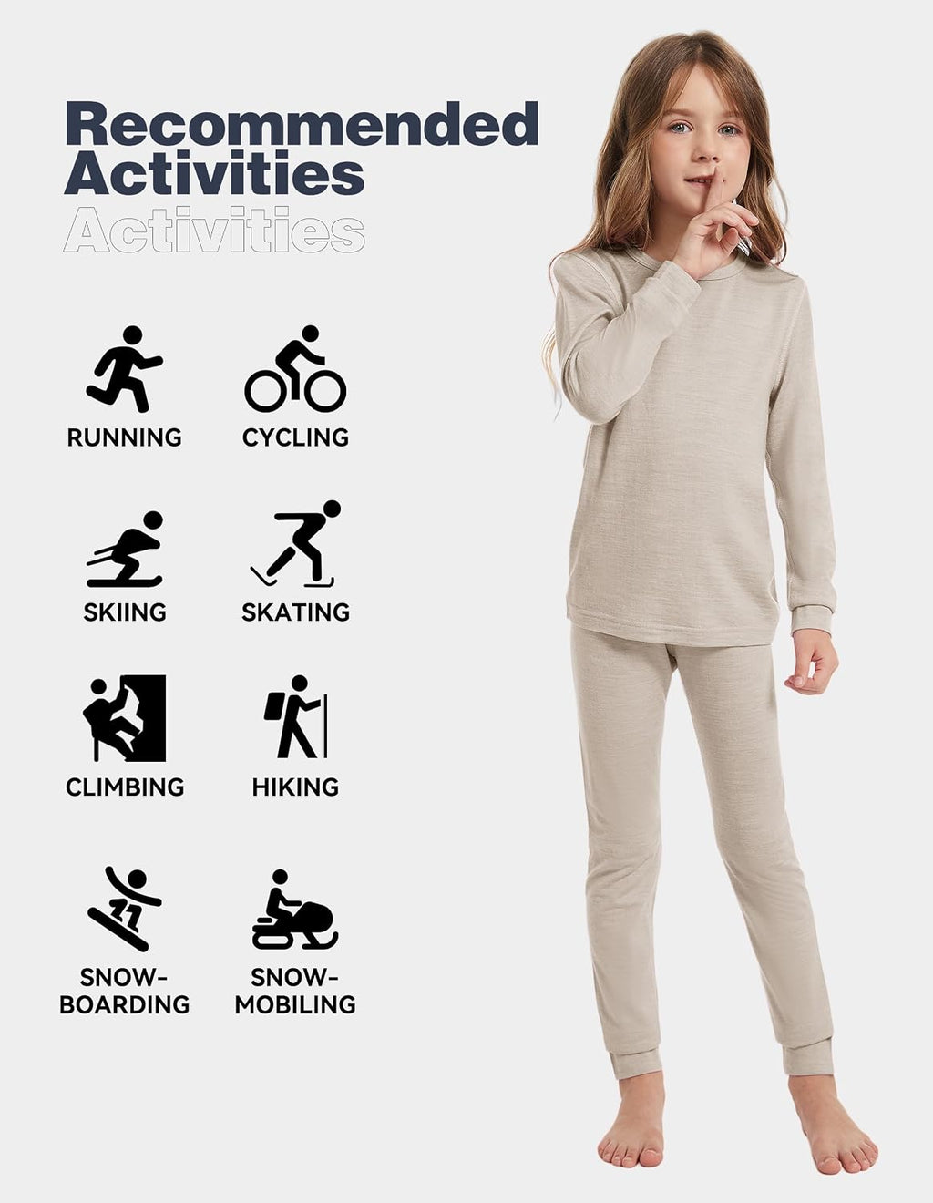 Kids Unisex 100% Merino Wool Base Layer Sets Lightweight Thermal Underwear