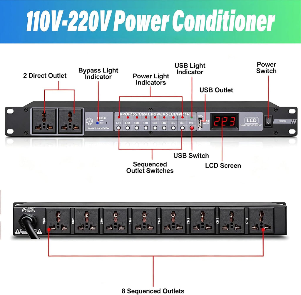 10 Outlet Power Conditioner 3000W 30A Power Sequencer for Audio Equipment