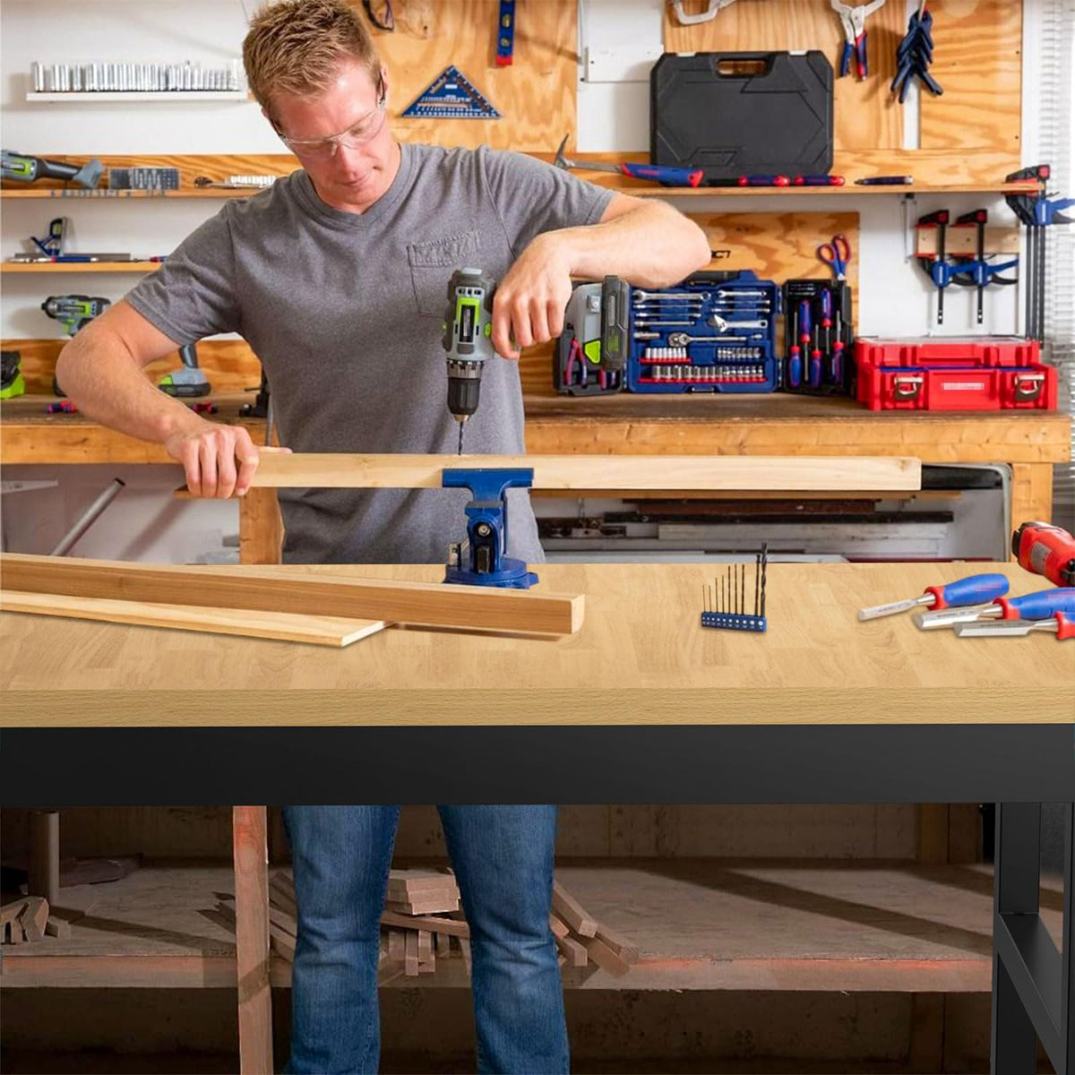 48" Adjustable Workbench,Heavy-Duty Work Table,3000 LBS Load Capacity Particleboard Hardwood Workstation Outlets with