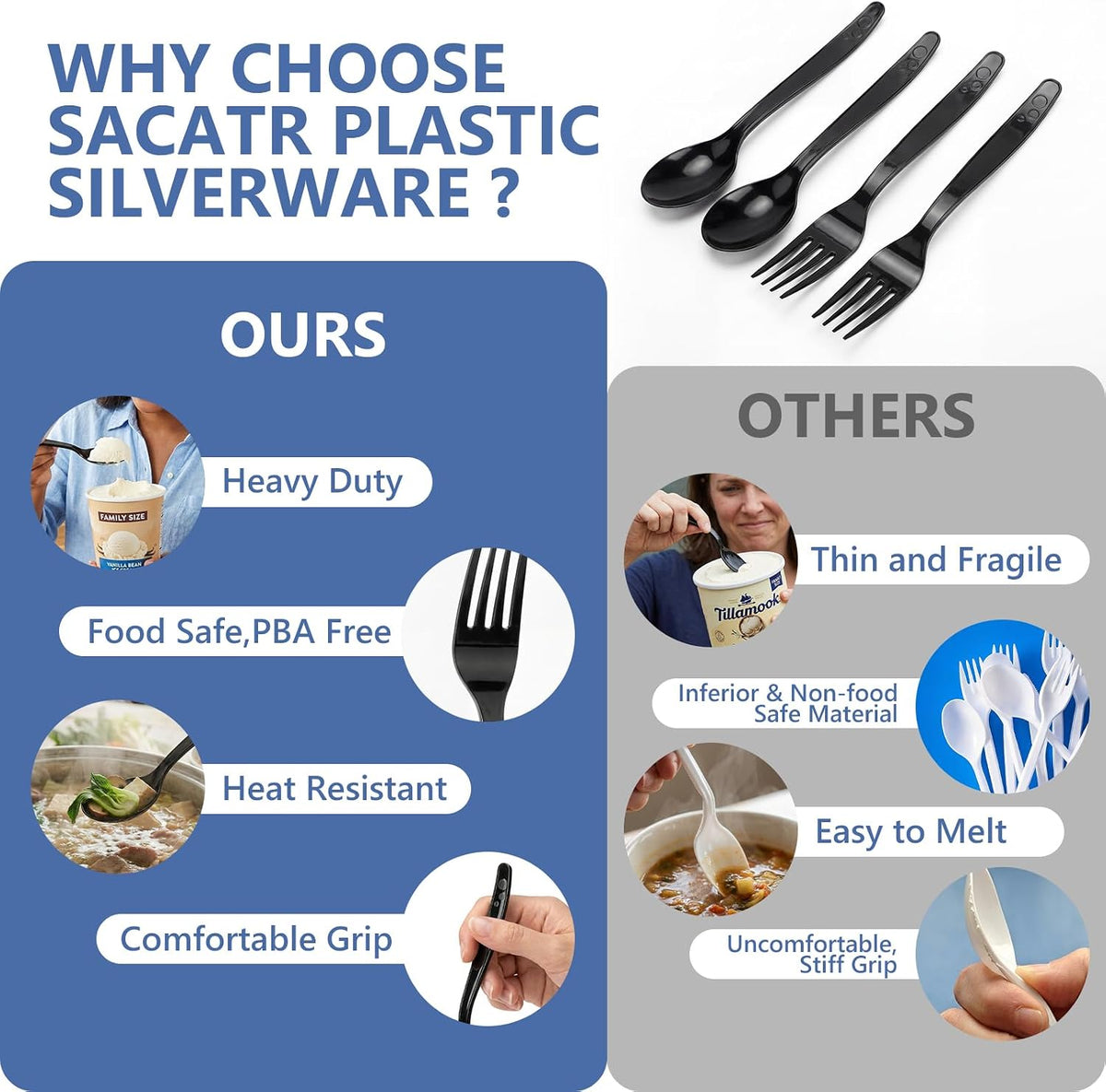 1000 Count Black Plastic Silverware Heavy Duty -Forks, Spoons