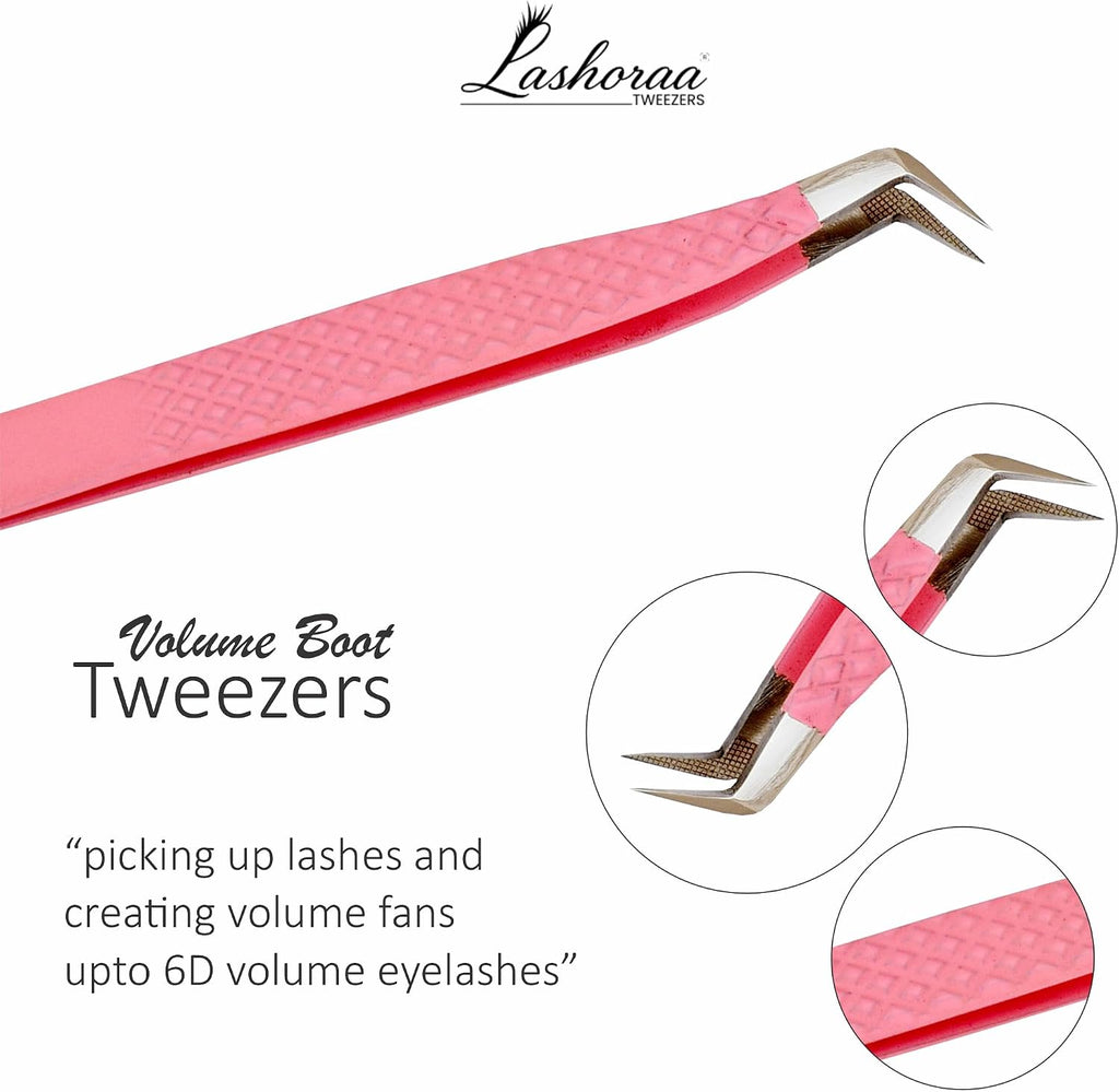 Lash Tweezers Set for Eyelash Extensions - 3 Piece Precision Fiber Tip Diamond Grip, Volume, L-Shape Boot, 90 Degree