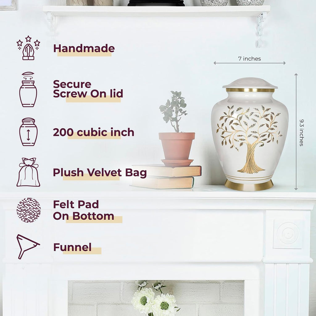 Cremation Urns for Human Ashes, Tree of Life Decorative Burial Urn for Adult Men and Women, Large White