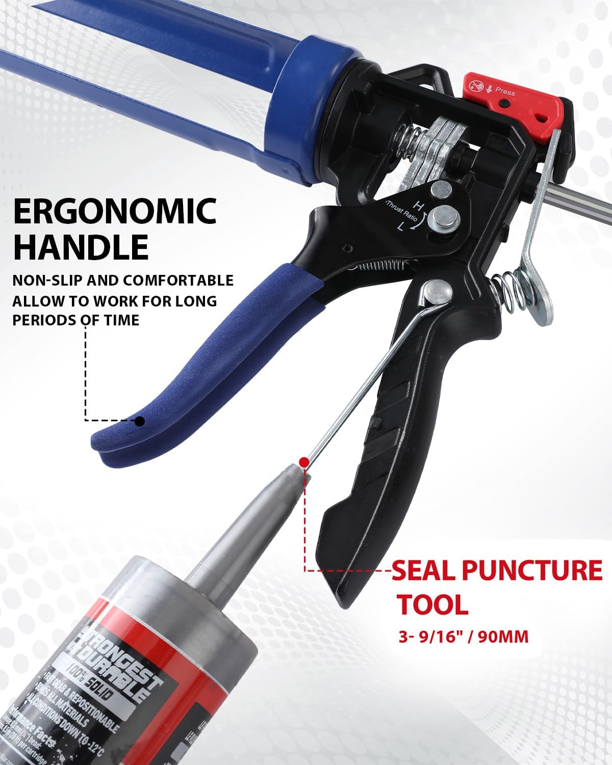 Caulking Gun, Hand Caulk Gun with Adjustable 9:1&18:1 Thrust Ratio